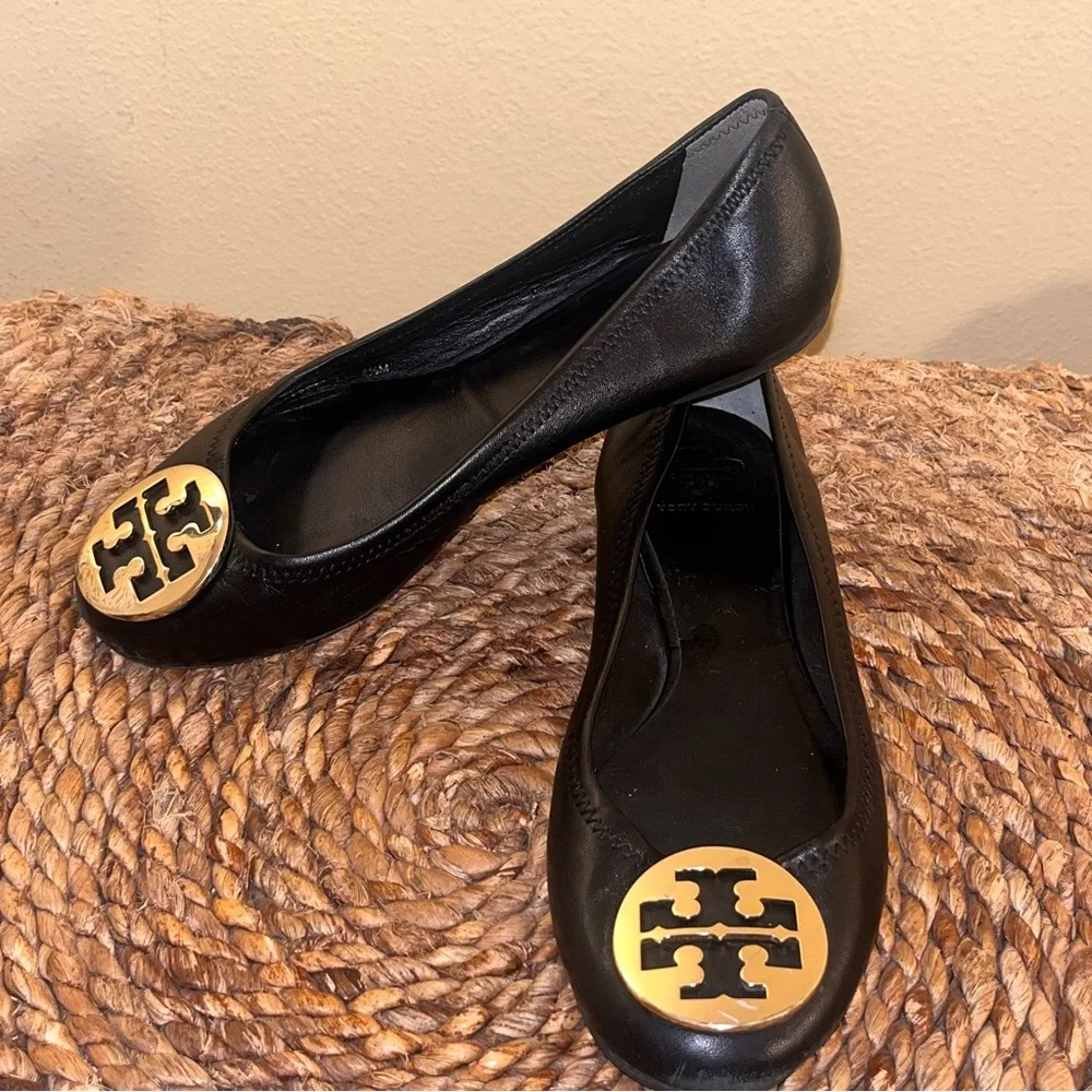 Tory Burch Black Leather Reva Logo Ballet Flats